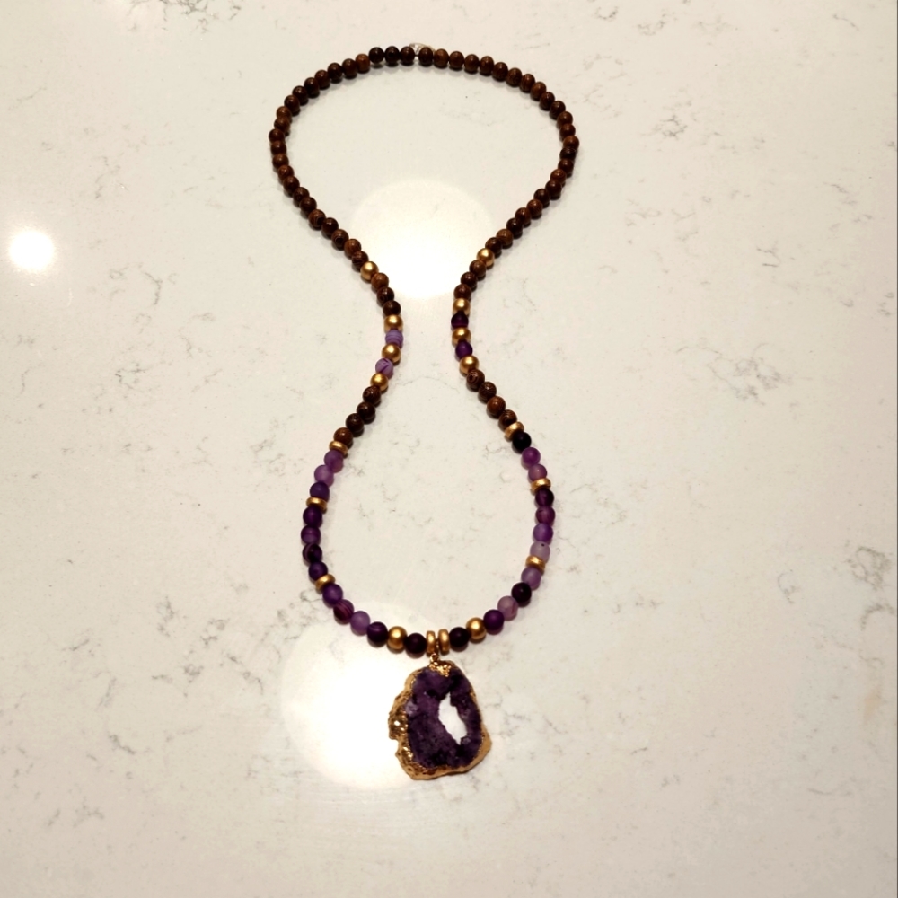 Purple & Gold Quart Necklace with Beads New